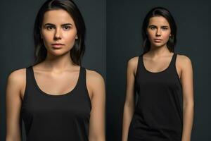 Generative AI. Blank Black Tank top Mock up on Female Model Showcase Your Designs in Style photo