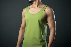 Generative AI. Blank Green Tank top Mock up on Male Model Showcase Your Designs in Style photo