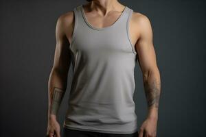 Generative AI. Blank Grey Tank top Mock up on Male Model Showcase Your Designs in Style photo