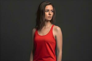 Generative AI. Blank Red Tank top Mock up on Female Model Showcase Your Designs in Style photo