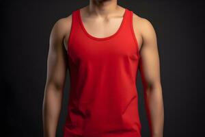 Generative AI. Blank Red Tank top Mock up on Male Model Showcase Your Designs in Style photo