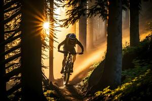 generativo ai. montando mediante un escénico bosque a puesta de sol foto