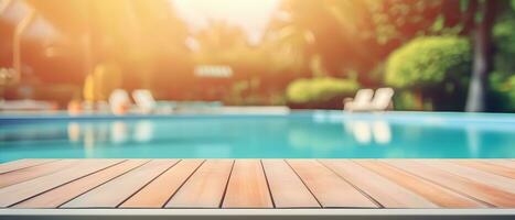 generative AI. Summer Serenity Empty Board Table in Front of a Sparkling Swimming Pool with Blurred Background photo