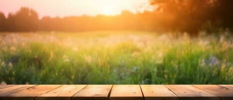 generativo ai. de la naturaleza serenidad vacío de madera mesa en frente de salvaje prado a puesta de sol foto