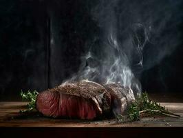 generative AI. Perfectly Cooked Beef Steak on Rustic Wooden Table photo