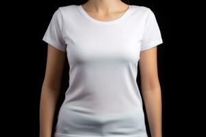 generativo ai. blanco camiseta Bosquejo en hembra modelo foto