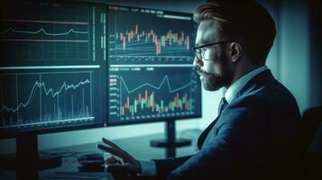 Generative Ai. Businessman Analyzing Investment Strategies Through Multiple Graphs on Screen photo