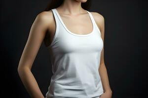 Generative AI. Blank white Tank top Mock up on Female Model Showcase Your Designs in Style photo