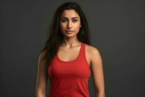 Generative AI. Blank Red Tank top Mock up on Female Model Showcase Your Designs in Style photo