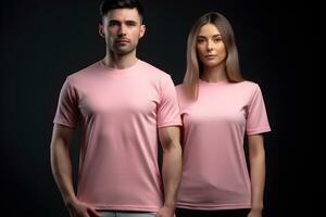 Generative AI. Blank Pink T-Shirt Mockup on Male and Female Model Showcase Your Designs in Style photo