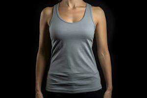 Generative AI. Blank Grey Tank top Mock up on Female Model Showcase Your Designs in Style photo