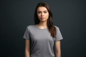 Generative AI. Grey T-Shirt Mockup on Female Model photo