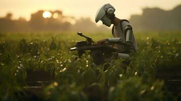 A Futuristic robot working in the field as a farmer photo