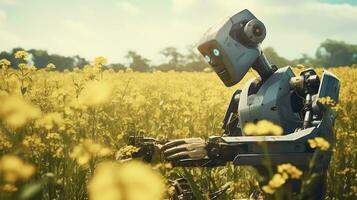 A Futuristic robot working in the field as a farmer photo