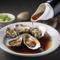 Shellfish sauce. Authentic oyster sauce served in an oyster shell. . photo