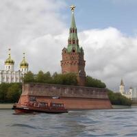 The bottom of the sea is home to a boat with a Kremlin tower. . photo