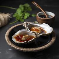 Shellfish sauce. Authentic oyster sauce served in an oyster shell. . photo