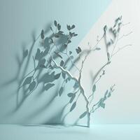 Simple abstract light blue background with delicate tree branch shadows on the wall is used for product presentations. . photo