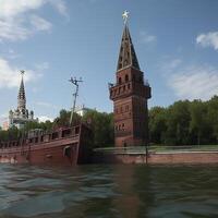 The bottom of the sea is home to a boat with a Kremlin tower. . photo