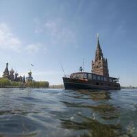 The bottom of the sea is home to a boat with a Kremlin tower. . photo