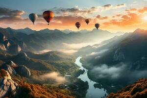 hot air balloons fly over the mountains. generative ai photo