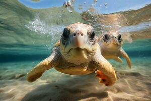 dos verde mar Tortuga dando un mientras nadando en cristal claro agua. generativo ai. foto