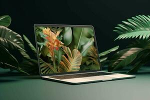 Laptop with a white blank screen laying on a table in the garden.generative ai. photo