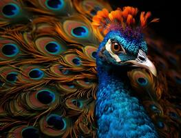 retrato de hermosa pavo real con eso plumas todas untado fuera a atraer un compañero. generativo ai. foto