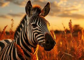 zebra in the field backlit warm lighting sunset nature. Generative AI. photo