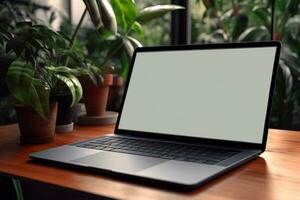 Laptop with a white blank screen laying on a table in the garden.generative ai. photo