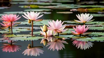 Beauty blossom lotus flower in pond and reflection on surface. generative ai. photo