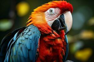 escarlata guacamayo en el bosque frescura verde bosque. generativo ai. foto