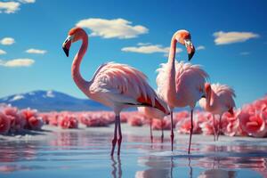 Close up of beautiful African flamingos that are standing in still water with reflection. Generative AI. photo