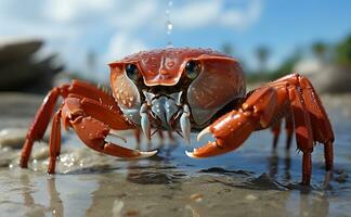 A crab on the beach daylight. Generative AI. photo