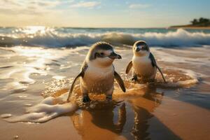 Two penguins coming ashore from ocean. Generative AI. photo