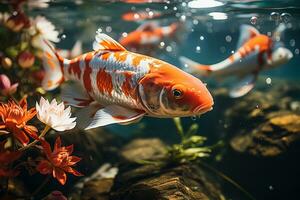 Many koi fish Swimming in the pond. Generative ai. photo