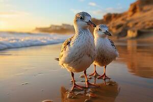 Two seagulls walking on the beach. Generative AI. photo