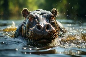 The common hippopotamus or hippo lying in water. Generative AI. photo