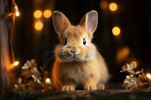 Cute rabbit sit on the wood light Bokeh. Generative AI. photo