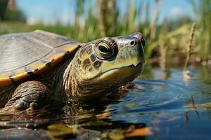 Tortuga dar un toque sentar cobertizo fuera de el agua estanque luz. generativo ai. foto