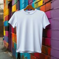Plain t-shirt with colorful wall background concept for mockup, marketing, decoration, shop, advertising materials, social media. Generative Ai Images photo