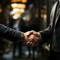 Handshake with suits, a sign of communication, friendship, business, partner, friendship, meeting with clients. Generative Ai concept photo