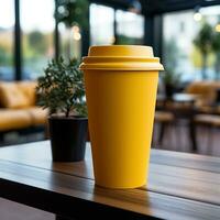 un taza de amarillo el plastico taza con blanco y difuminar fondo, genial para Bosquejo, marketing, decoración, negocio, en línea tienda materiales, social medios de comunicación. generativo ai imágenes foto