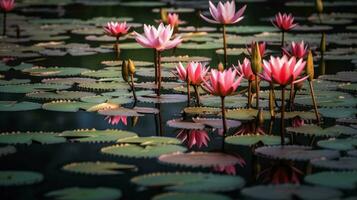 Beauty blossom lotus flower in pond and reflection on surface. generative ai. photo