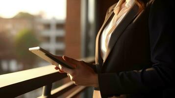 mujer de negocios mientras utilizando digital tableta a negocio edificio. generativo ai. foto