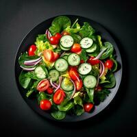 sano verde ensalada con Fresco tomate, pepino, rojo cebolla y lechuga en cuenco en oscuro Roca antecedentes. parte superior vista. generativo ai. foto