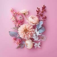 pink flowers in flatlay on pink background with copy space, top view. generative ai. photo