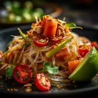 Somtum or papaya salad in Thai on wooden table .green papaya salad in plate on dark wooden background.Thai Food Concept. Generative Ai. photo