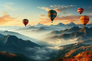 hot air balloons fly over the mountains. generative ai photo