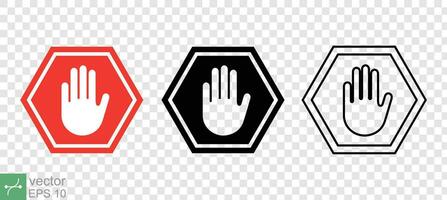 Red stop road sign with big hand icon collection. Warning traffic symbol, halt, forbidden concept. Simple flat, solid, line style. Vector illustration isolated. EPS 10.